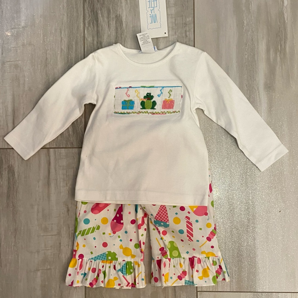 NWT Vive La Fete Smocked Long Sleeve Shirt & Woven Cotton Party Ruffle Pants 6M